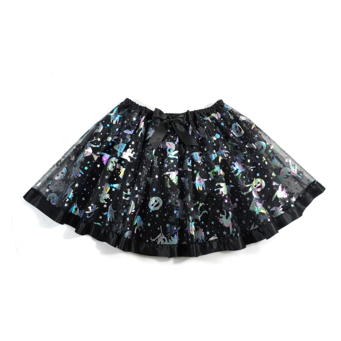 Halloween Adults Tulle Skirt Adorned with bats pumpkins stars this orange tulle skirt has a black bow waist  trim