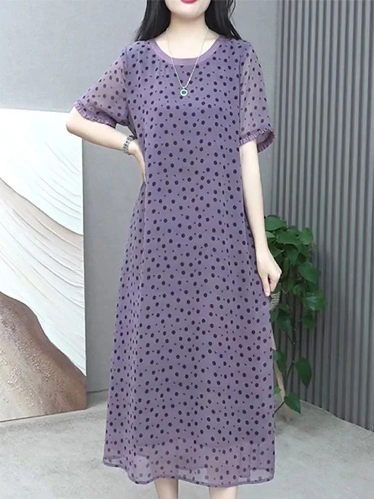 Elegant O-Neck Printed Polka Dot Chiffon Short Sleeve Dress Women's Clothing 2024 Summer New Loose Office Lady Midi Dress