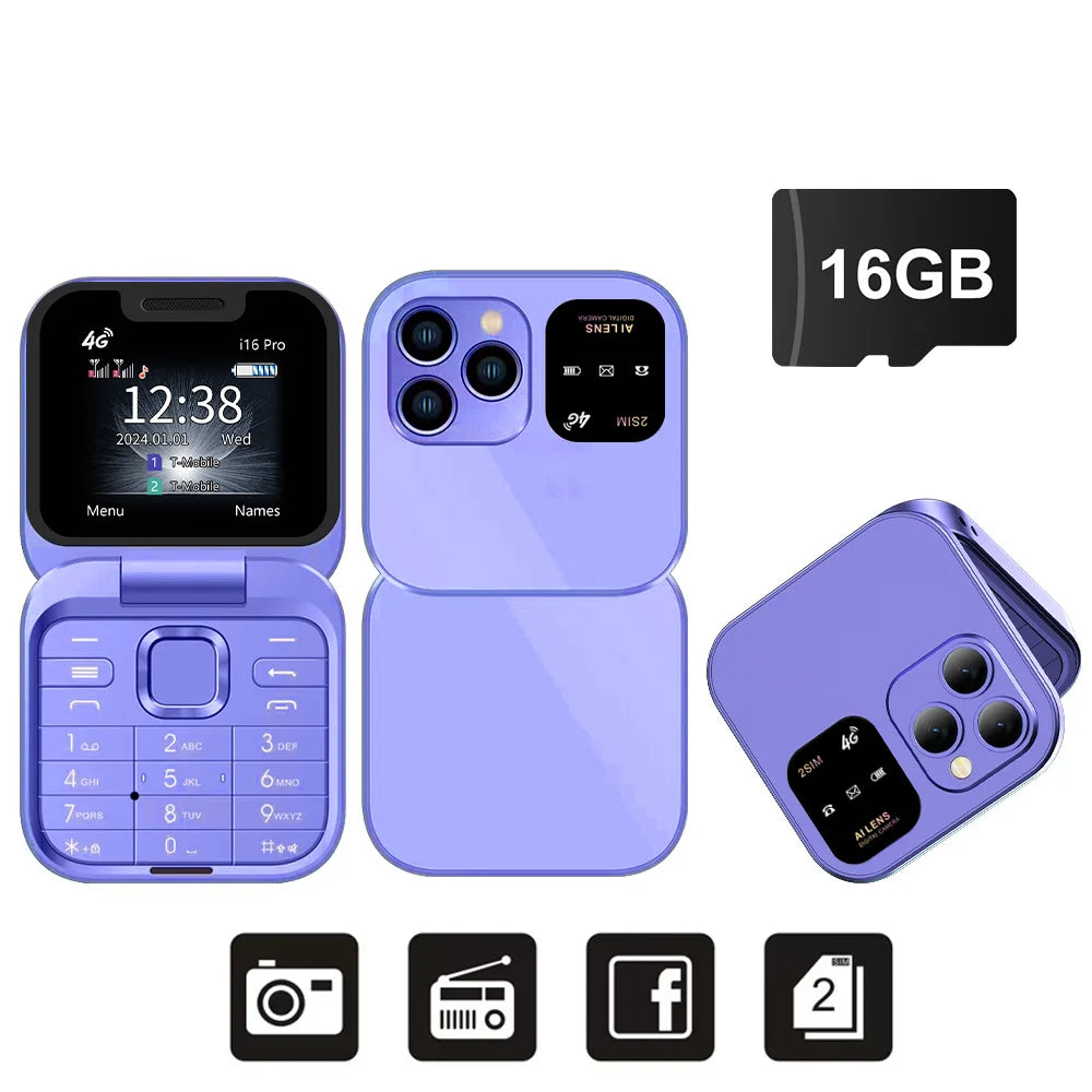 SERVO i16 Pro 4G LTE Mini Flip Mobile Phone Dual SIM Standby Call Recording Speed Dial FM Radio Blacklist Small Fold Cellphones