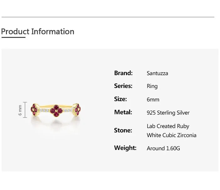 SANTUZZA 925 Sterling Silver Stackable Ring For Women Created Ruby Sapphire White CZ Delicate Flowers Wedding Gifts Fine Jewelry