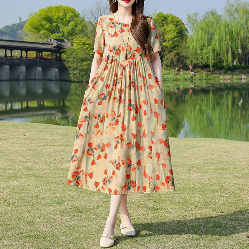 New Fashion Summer Dresses For Women 2025 Elegant Casual Short Sleeve Dress Soild Colour Women Clothing