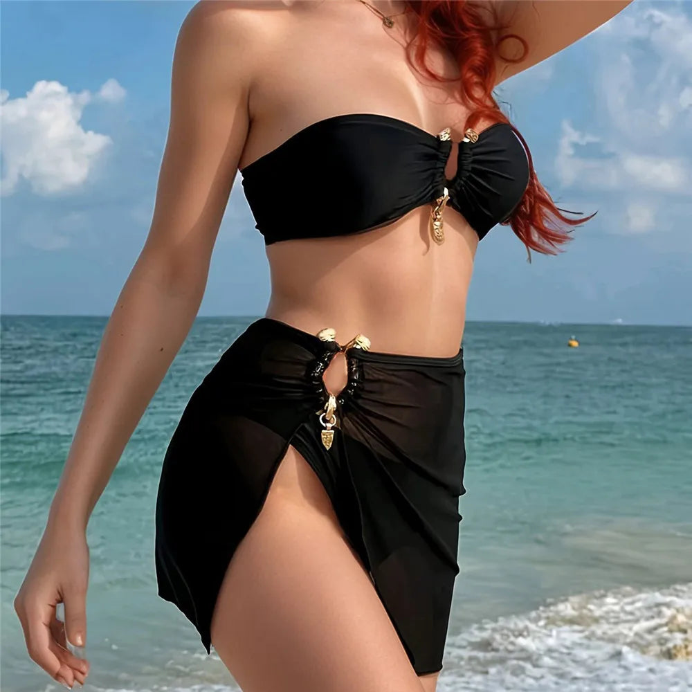 Metal Buckled Bandeau Black Bikinis Sets 3 Pieces Skirts Cover Ups Sexy Swimsuit Women 2026 Holiday Solid Swimwears Bikini Dames