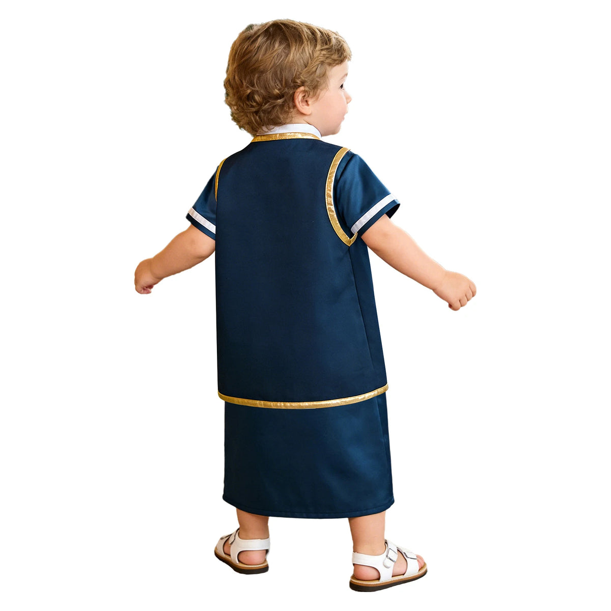Muslim Baby Boys Robe Ramadan Eid Abaya Set Metallic Trim Arabic Islamic Kaftan Thobe Satin Gown with Open Front Tassel Vest