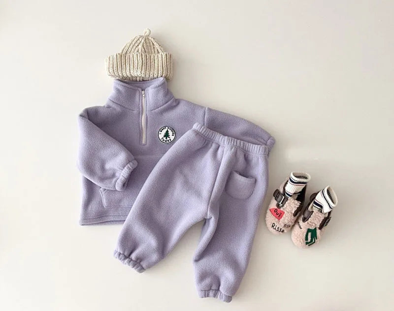 2025 Autumn Baby Boys Clothing Sets Children Thicken Plush Clothes Girls Solid Cotton High Collar Tops+ Pant 2 Pieces Suits