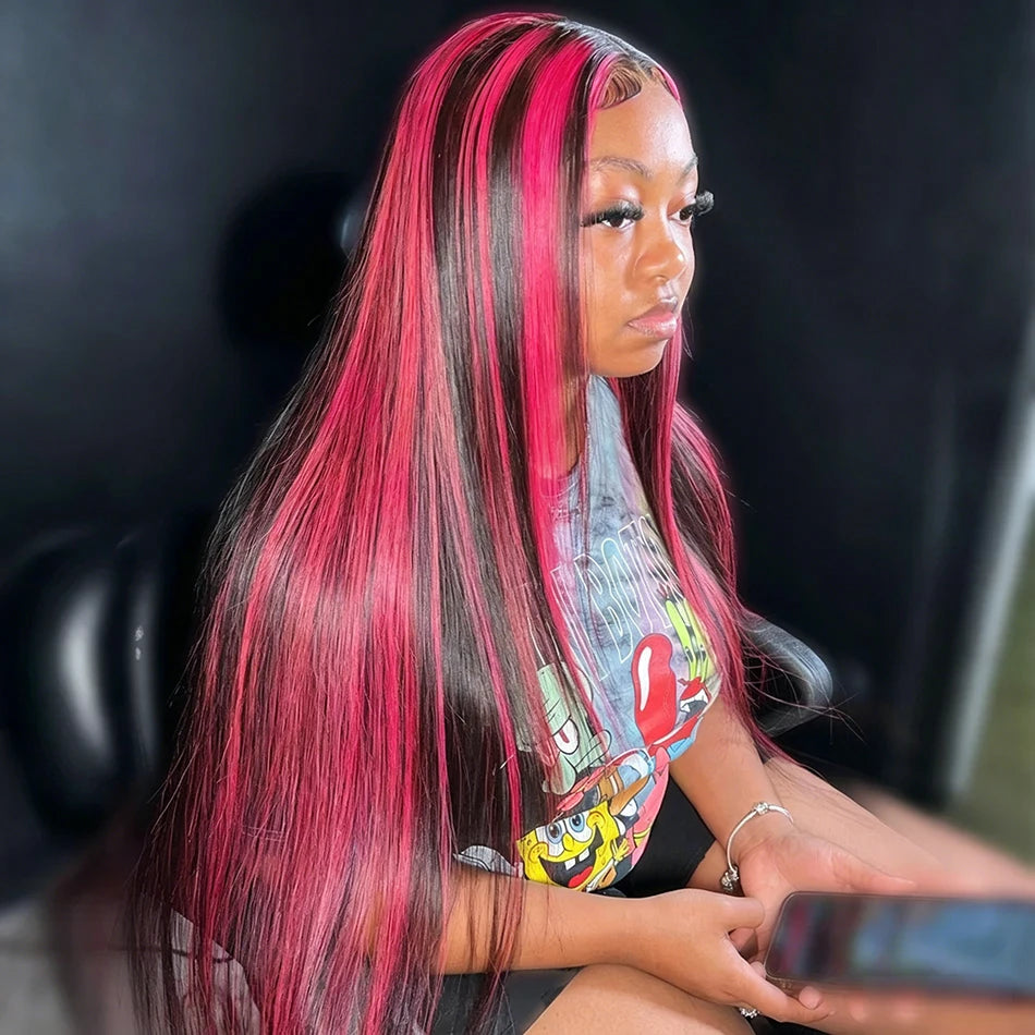 Pink Highlight Colored Human Hair Wigs Woman 13x4 Transparent Lace Front Wig On Clearance Sale Lace Frontal Wig Glueless HD Wigs