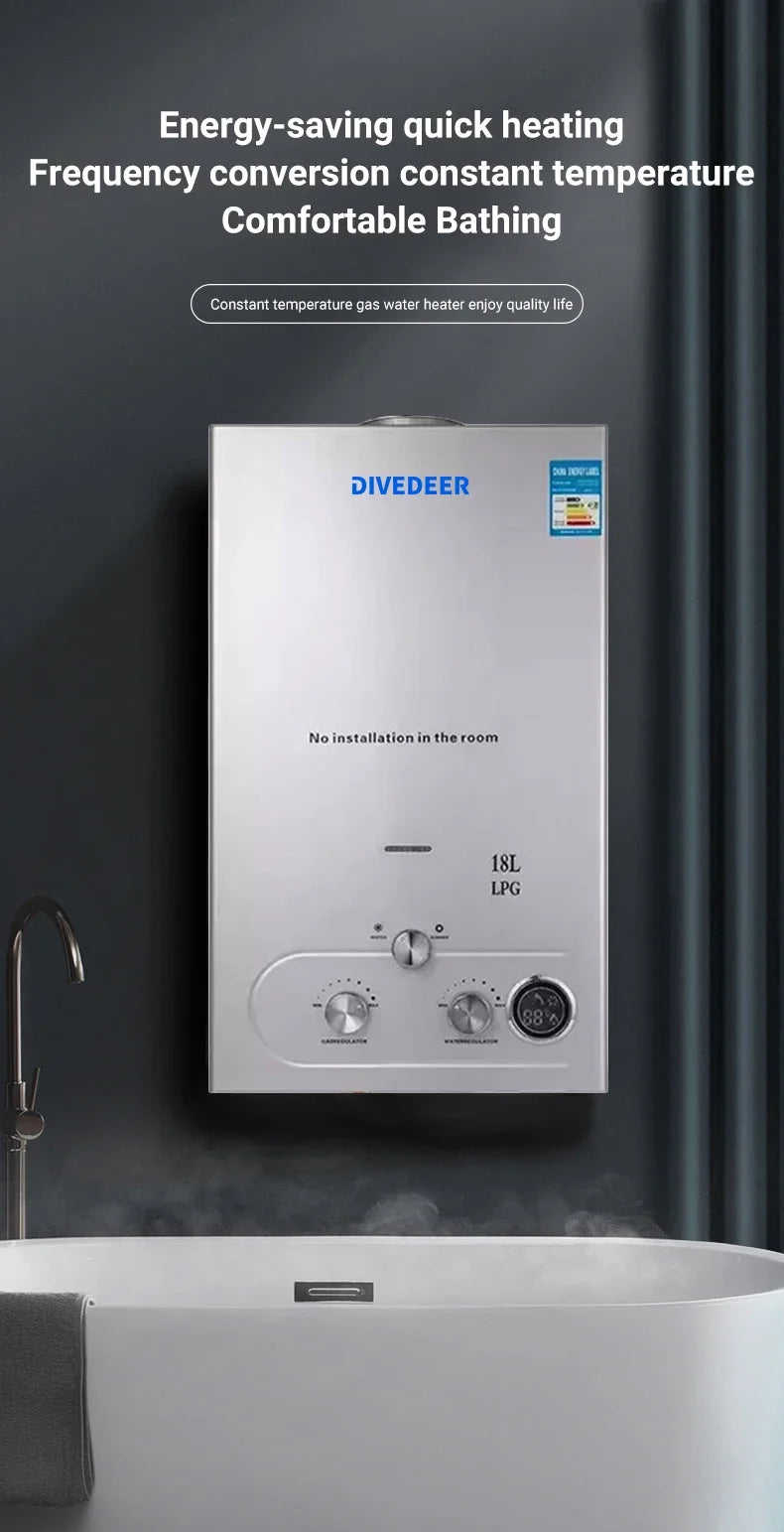 DIVEDEER 6L–18L Portable Instant-Heat LPG Water Heater for Home Use Stainless Steel Construction, Easy Installation