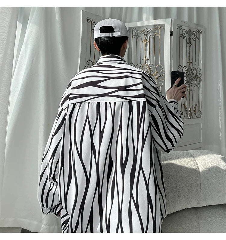Men's Long Sleeve Striped Shirts Spring New Korean Button Up Shirt Unisex Fashion Casual Oversize Blouse Printed Clothing