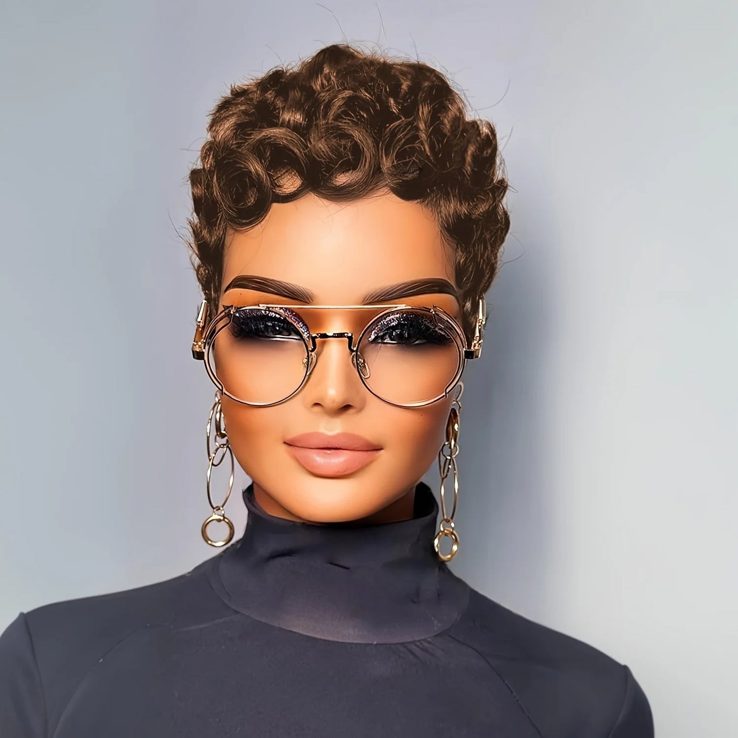 4# Short Pixie Curly Wigs Human Hair Chocolate Brown Chic Short Pixie Cut Human Hair Wig With Bangs Full Machine Made Wigs