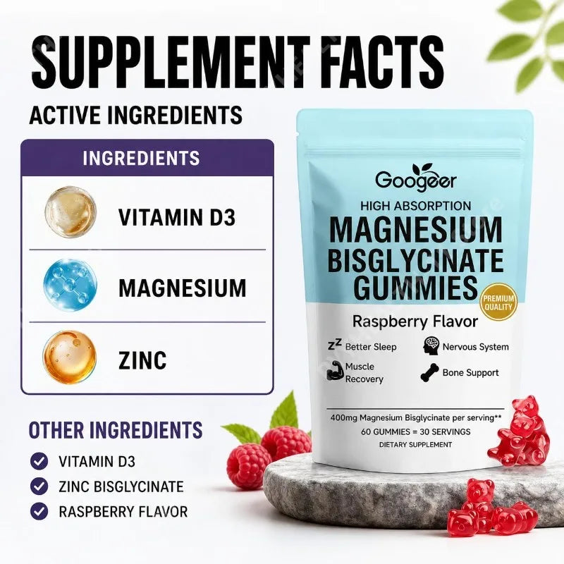 Googeer Magnesium Bisglycinate Gummies for Better Sleep Daytime Concentration & Nervous System Support Raspberry 60 Gummies