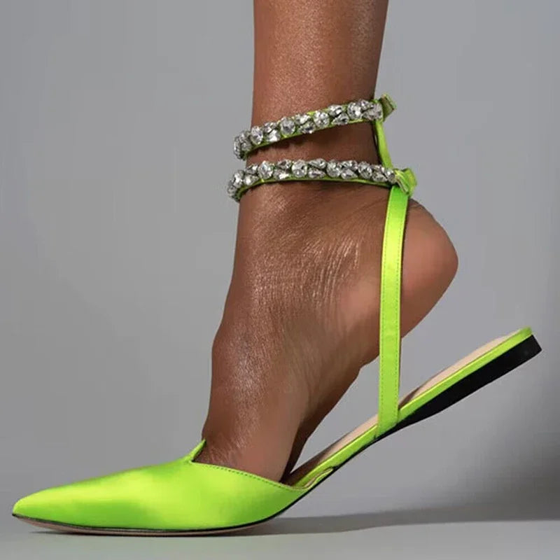 Shiny Crystal Flat Heels Gladiator Sandals Women Sexy Pointed Toe Pink Party Shoes Woman Plus Size 42 Ankle Straps Pumps Lady