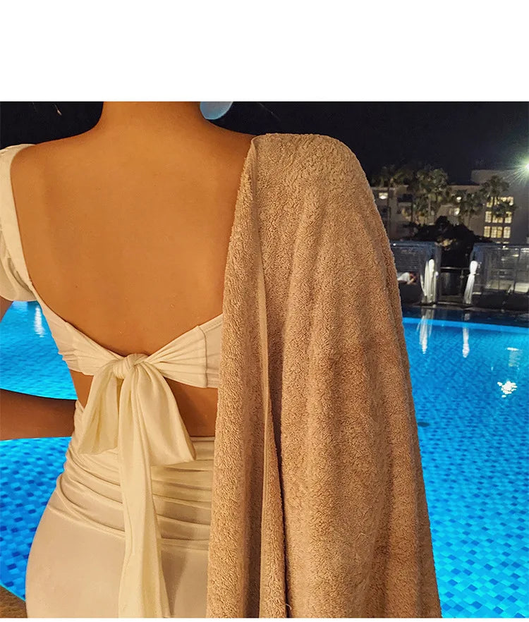 Slimming One-Piece Swimsuit Women's High-End Bubble Sleeve Square Collar Thermal Vacation Bodycon Sexy Pure Color Swimwear