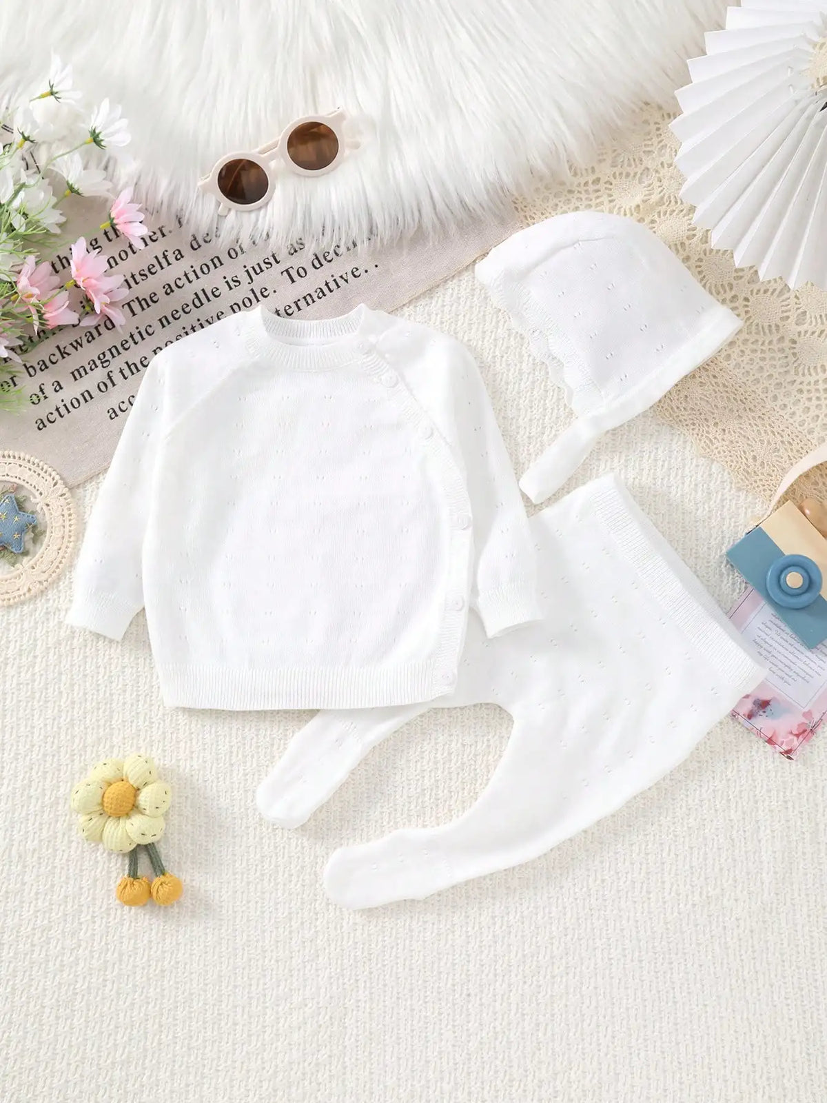 Newborn Baby Thin Long-Sleeved Romper and Hat Knitted Three-Piece Set