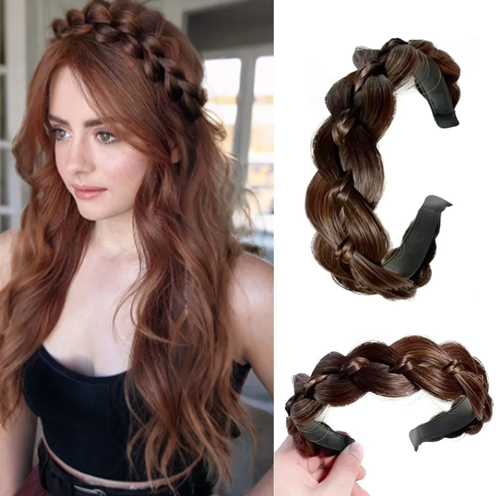 Synthetic Ladies Hair Wide Fishbone Braids Non-slip Headband Handmade Retro Headband Styling Headwear Accessories