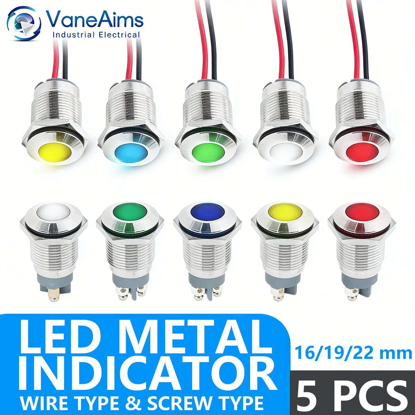 5pcs 16/19/22mm Waterproof IP67 Metal LED Indicator Light DC/AC 3-48V Signal Lamp Red Yellow Green Blue White for Car Dashboard