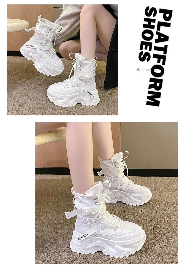 Hot Fashion Women Chunky Platform Motorcycle Boots White Lace Up Thick Bottom Shoes Woman Autumn Winter Ankle