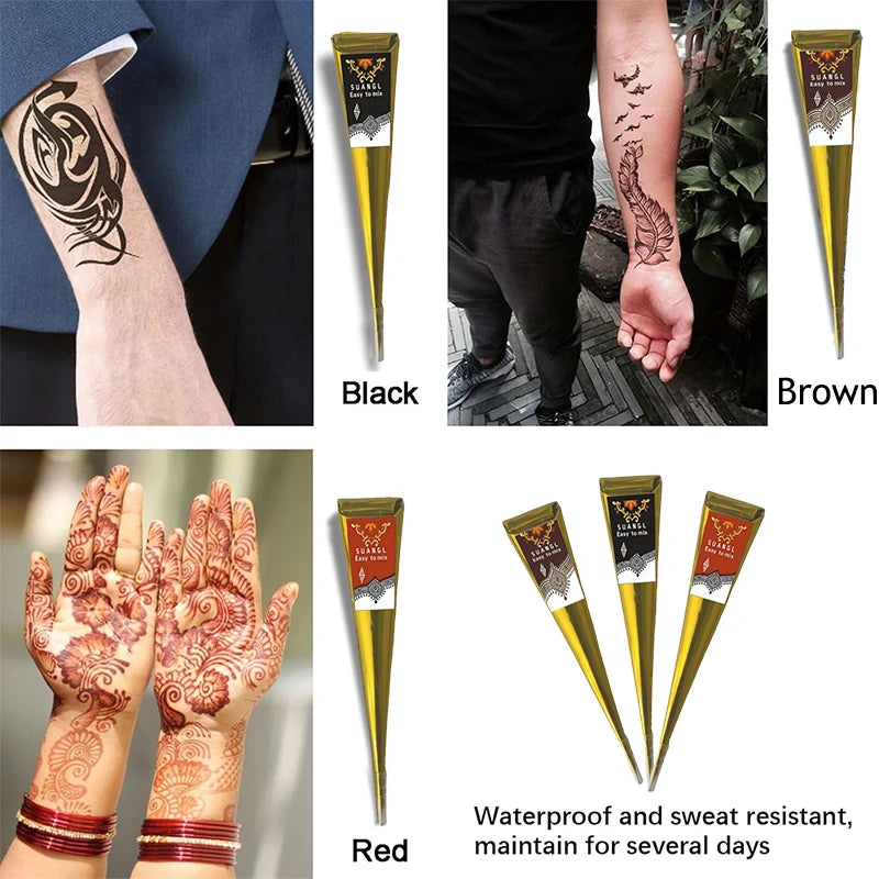 SUANGL Indian Henna Cones Brown Paste with Stencil Temporary Body Art Paint Kit for Hand Feet Drawing Red Black Henna Set