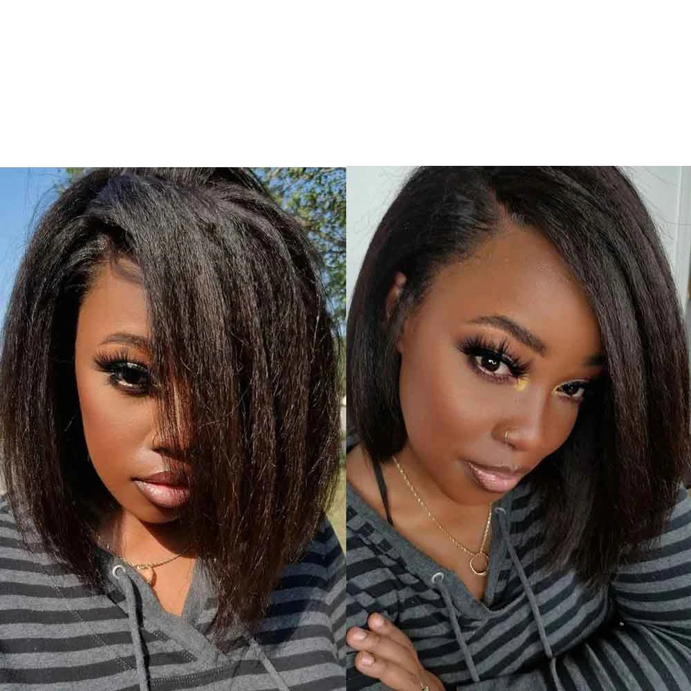 Soft Yaki Straight Preplucked Free Part Short Bob Kinky Straight Synthetic 13x4Lace Front Wig With Baby Hair Glueless Daily