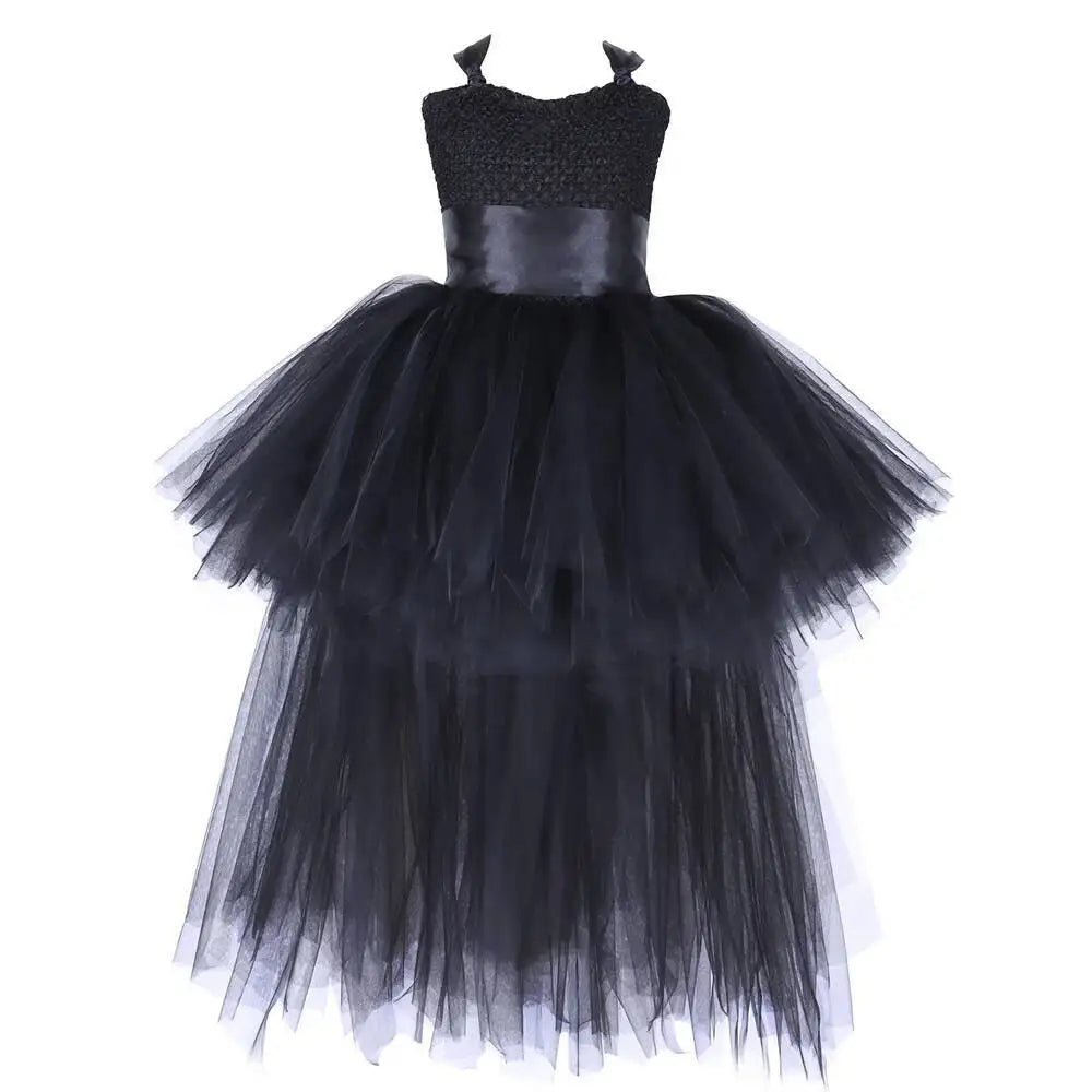 Dark Witch Halloween Costumes for Girls Black Devil Angel Fancy Trailing Dress with Feather Wings Bat Horns Kids High Low Outfit