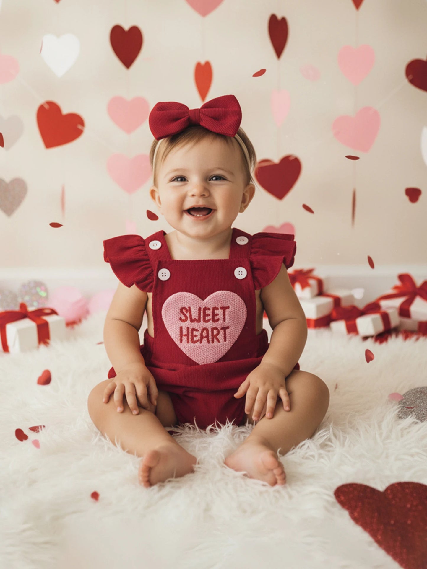 Baby Girl Valentines Outfit Letter Love Heart Embroidered Ruffled Trim Flying Sleeve Romper and Bow Headband 2 Pcs Set