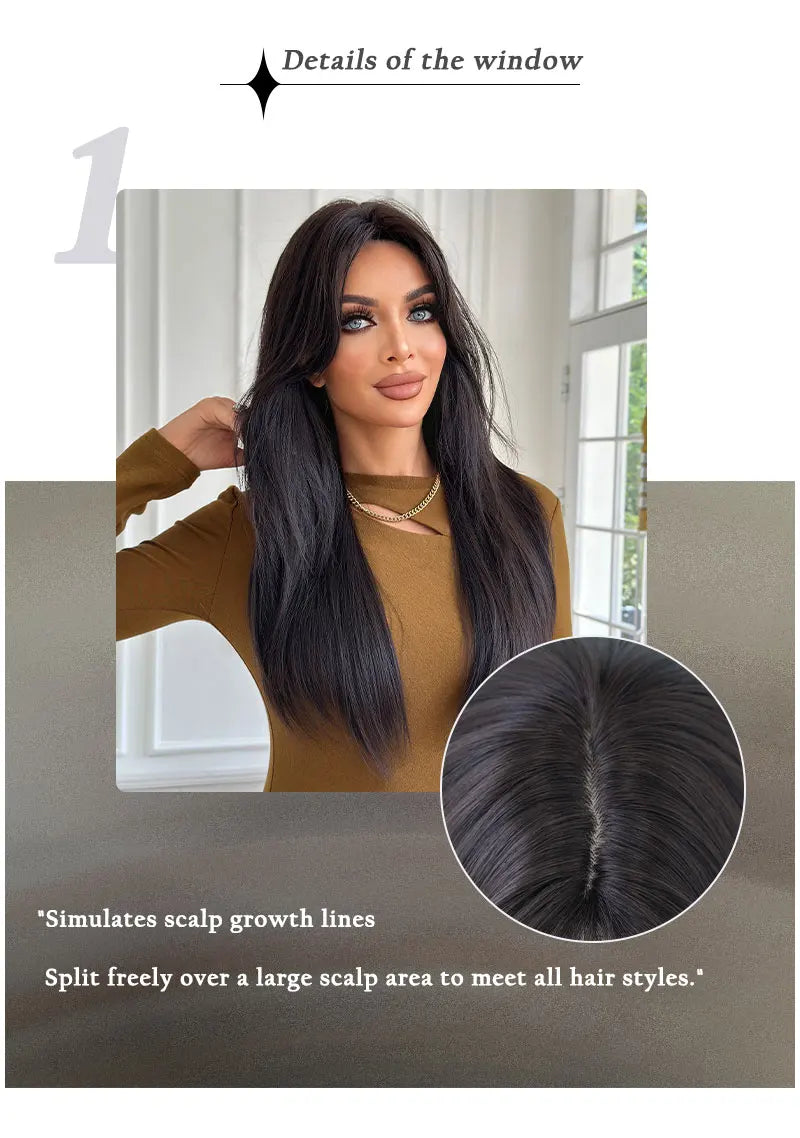 Long Straight Dark Brown Wig High Density Synthetic Middle Part Wigs with Curtain Bangs for Women Daily Party Use