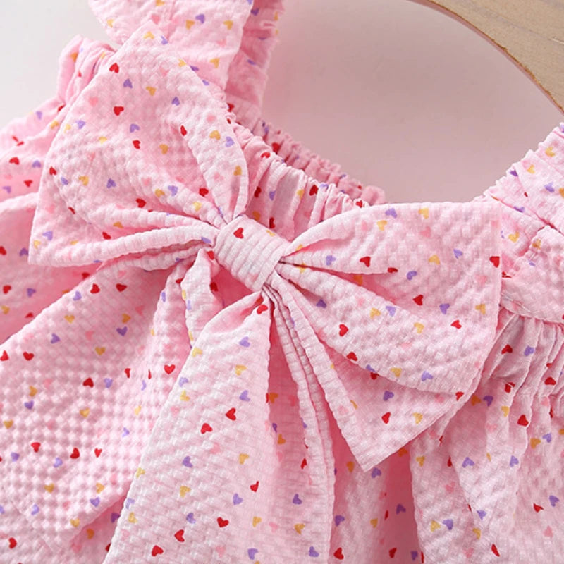 2pc/Set Baby SetS Summer Cotton Bow Top And Shorts Baby Clothing Adorable All-Over Heart Print Girl's Beach Set