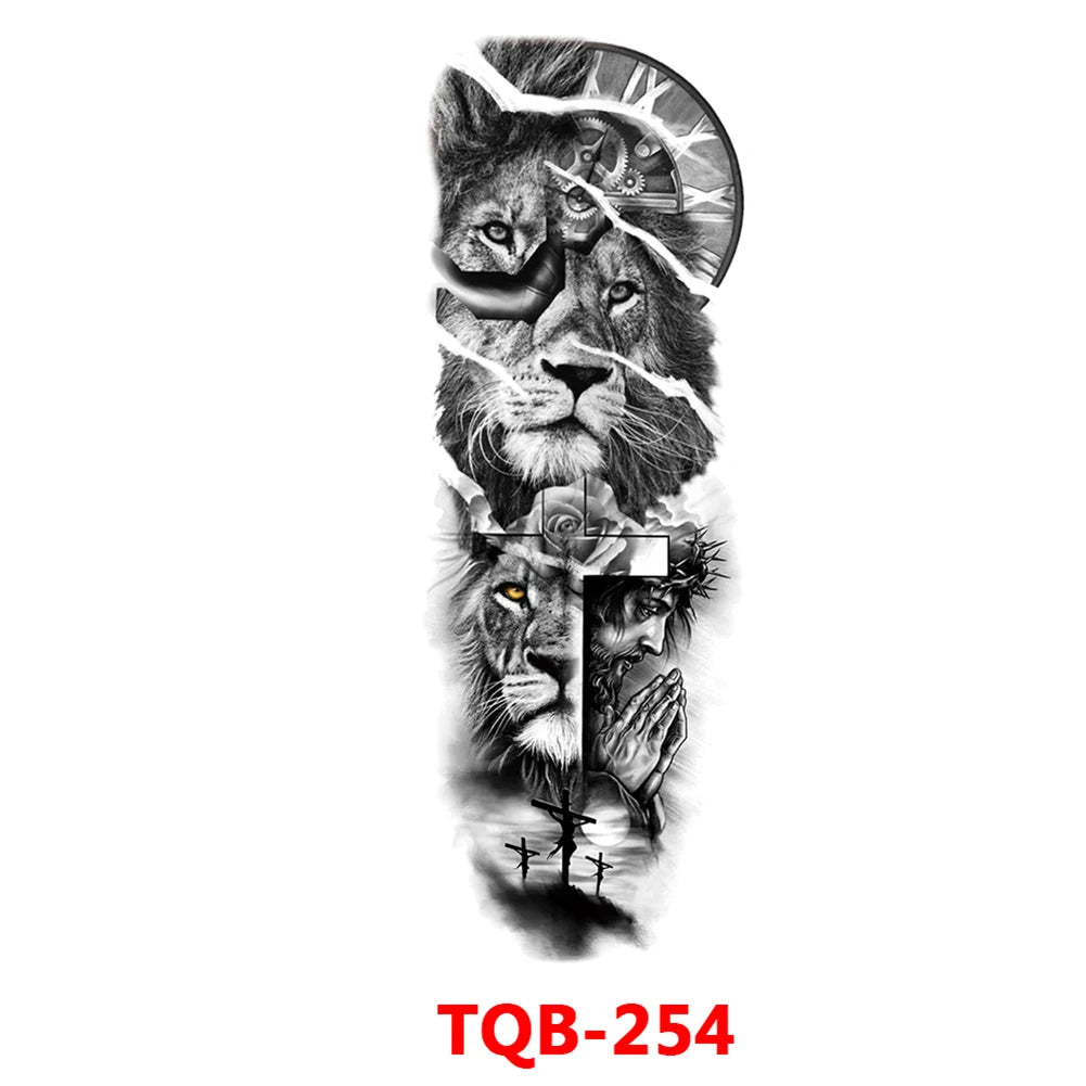 Large Arm Sleeve Tattoo Rose Gear Clock Eye Waterproof Temporary Tatto Sticker Lion Wolf King Body Art Full Fake Tatoo Women Men