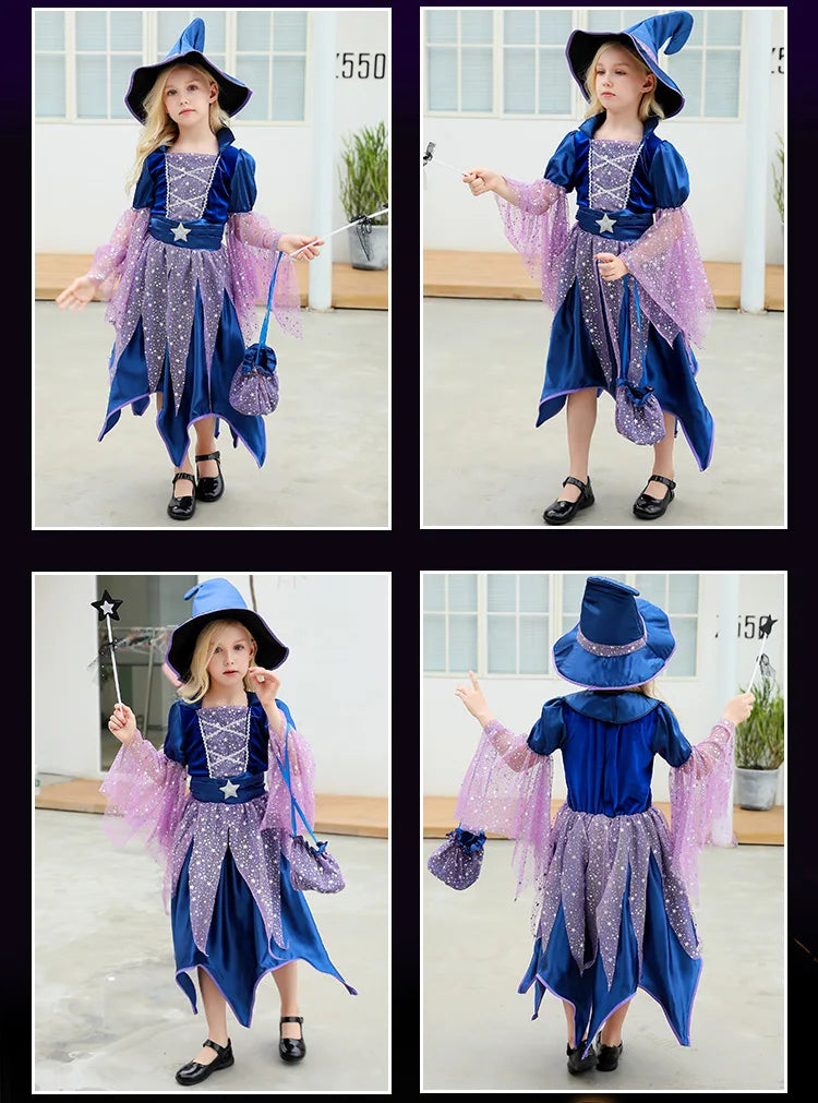 2026 Halloween Blue Witch Costume for Girls with Witch Hat Wand Bag Accessory Set  2-12T Girl Role Play Party Dress Vestidos
