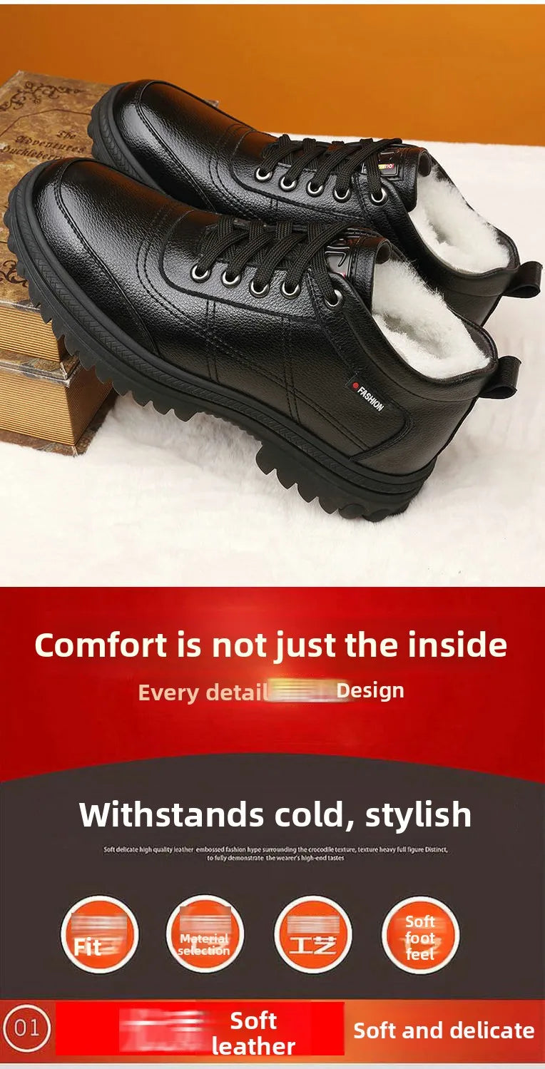 Men's Winter Thickened Warmth Casual Shoes Fleece Lined Business Style Leather Shoes Low Top Lace up Comfortable Alligator Pa...