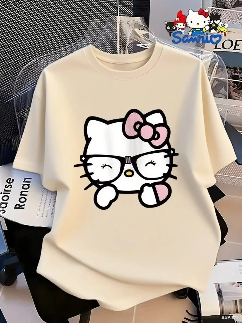 MINISO Cotton T Shirt with Hello Kitty in Glasses Graphic Sweet and Nerdy Style Trendy Printed Brand Cotton T-shirt Short Sleeve