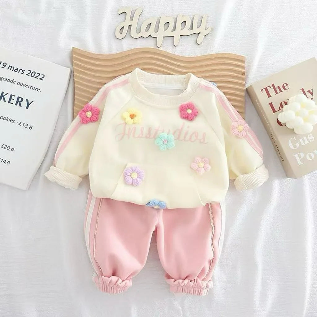 Baby 2Pcs Outfit Set 3D Colorful Flower Decor Raglan Long Sleeve Sweatshirt Striped Jogger Pants Infant Soft Cotton Spring Set