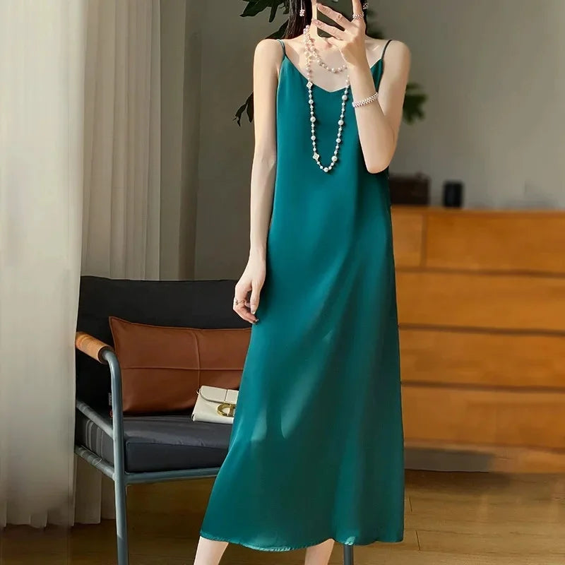 Silk V-neck Slim-fit Satin Dress Sexy Strap Long Gown for Women New 2025 Spring Summer Inner Wear Dress Elegant Lady Dress