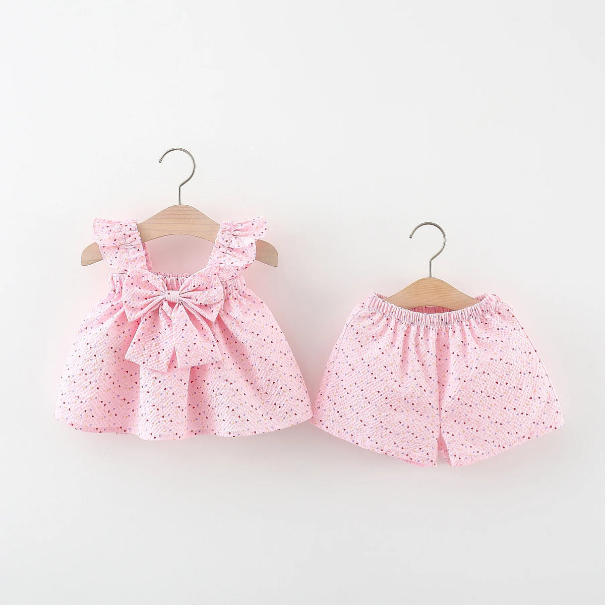 2pc/Set Baby SetS Summer Cotton Bow Top And Shorts Baby Clothing Adorable All-Over Heart Print Girl's Beach Set