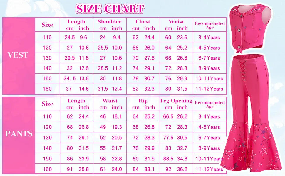 Girls Margot Movie Cospaly Costume Pink Vest Top And Flared Trousers For Kids Barbe Halloween Birthday Party Carnival Outfits