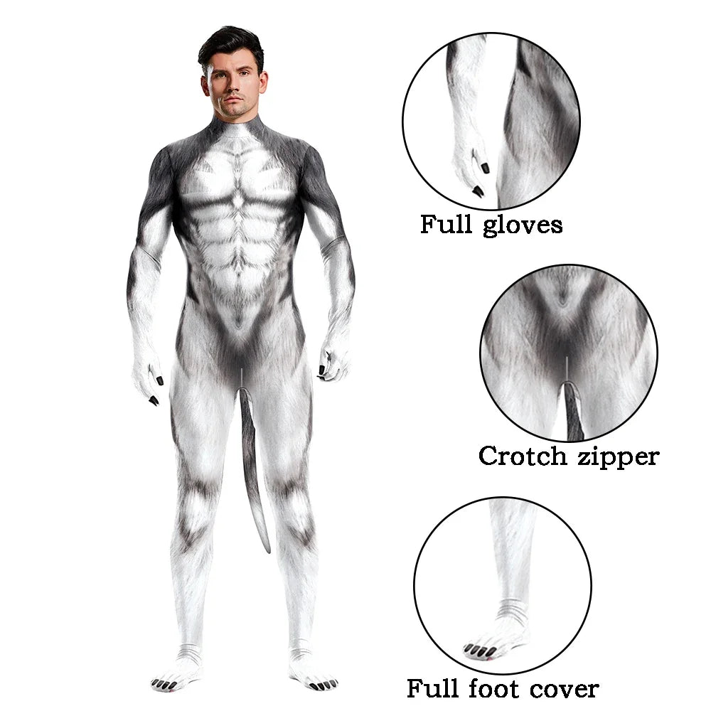 Halloween Cosplay Costume Male Adult Full Cover Elastic Zentai Pet Suit Jumpsuit Print Catsuit Bodysuits with Tail Purim Clothes