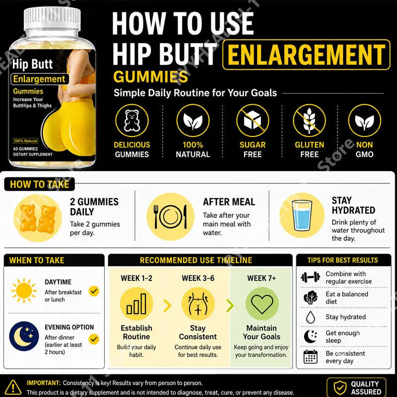 Hip Butt Enlargement Gummies for Buttocks Hips and Thighs Adults Glute Curve Support Gummies for Women Peach Flavor 60 Count