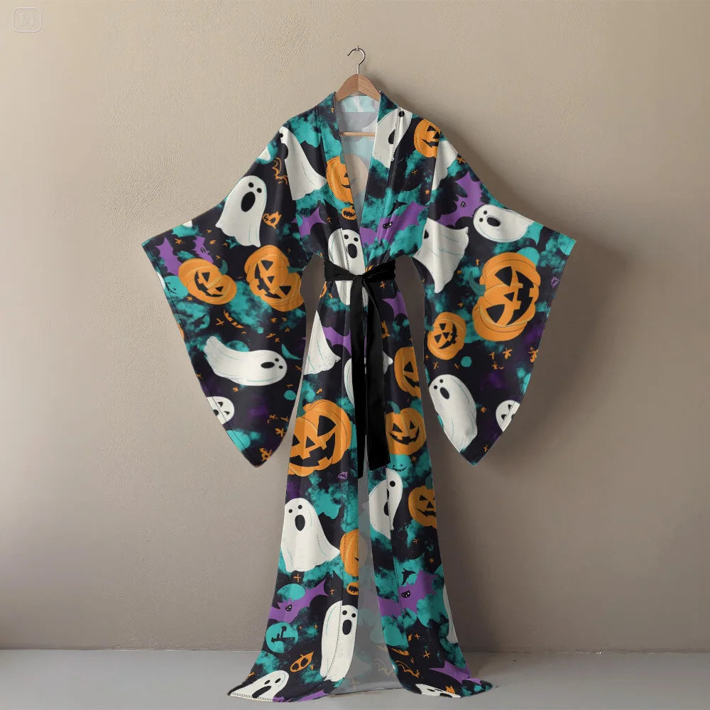 Halloween Sexy V-Neck Robe with Ghost Print High Slit & Bat Sleeves Kimono - Women's Party Costume Funny Cool Cosplay Wear