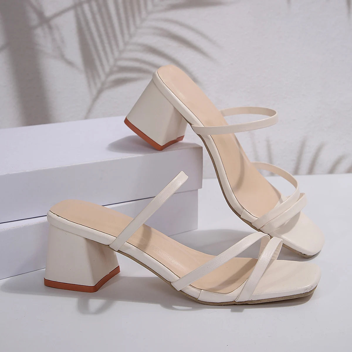 Simple Solid Color High Heels Sandals Women 2025 Summer Peep Toe Thick Heeled Slippers Woman Plus Size 42 Ladies Walking Shoes