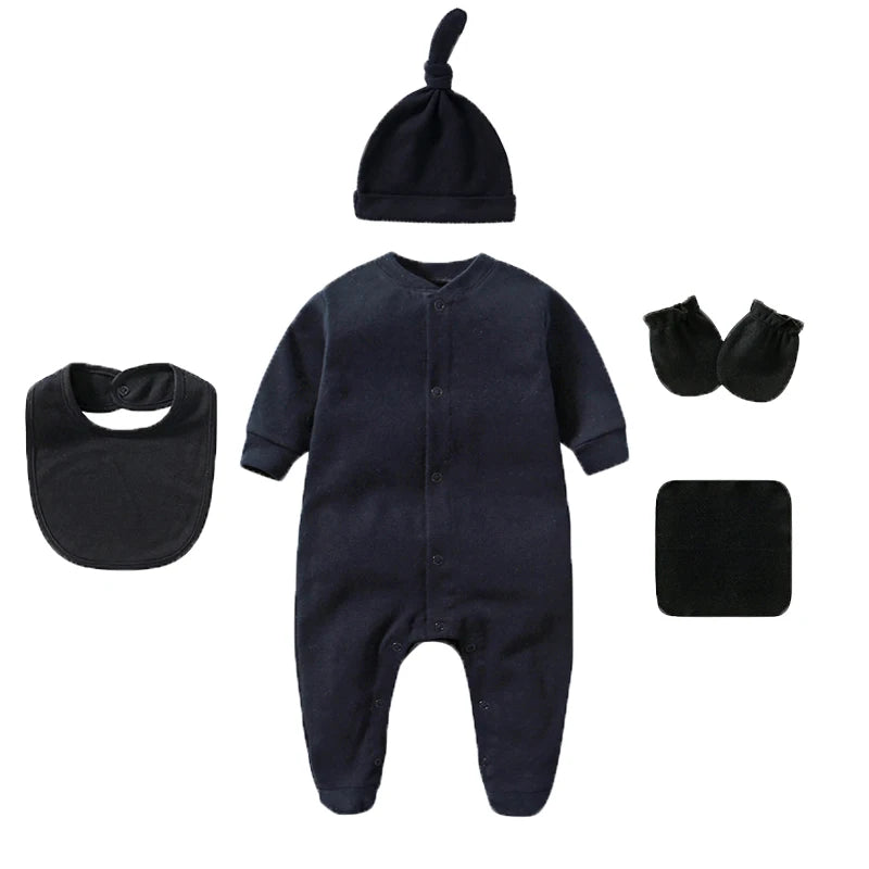 Unisex Baby Clothing Set with Jumpsuit Hat Bib Gloves Towel 5-Piece Solid Color Cotton Collection for Newborns to 6 Months