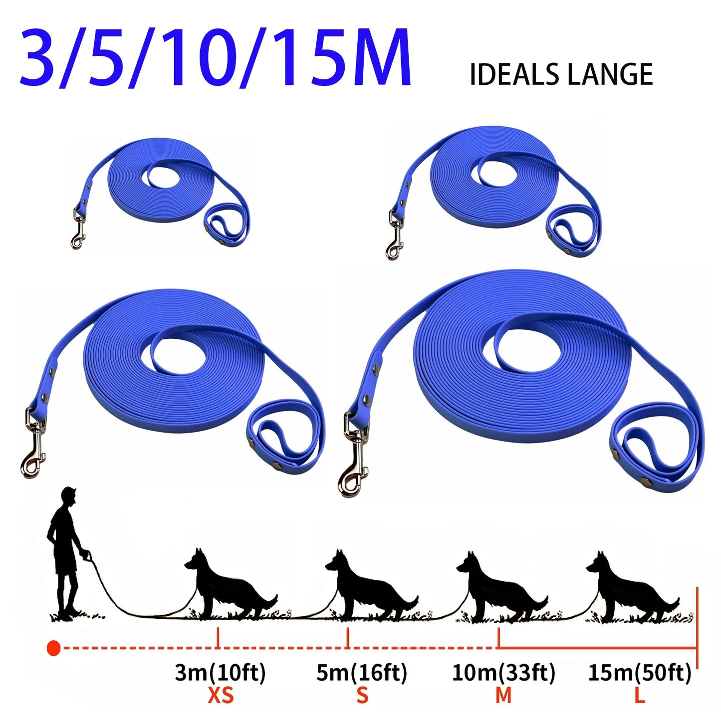 Dog Leash Waterproof Training Recall Long PVC Pet Leashes Durable Easy Clean 3M 5M 10M 15M Great for Training Beach Yard Play