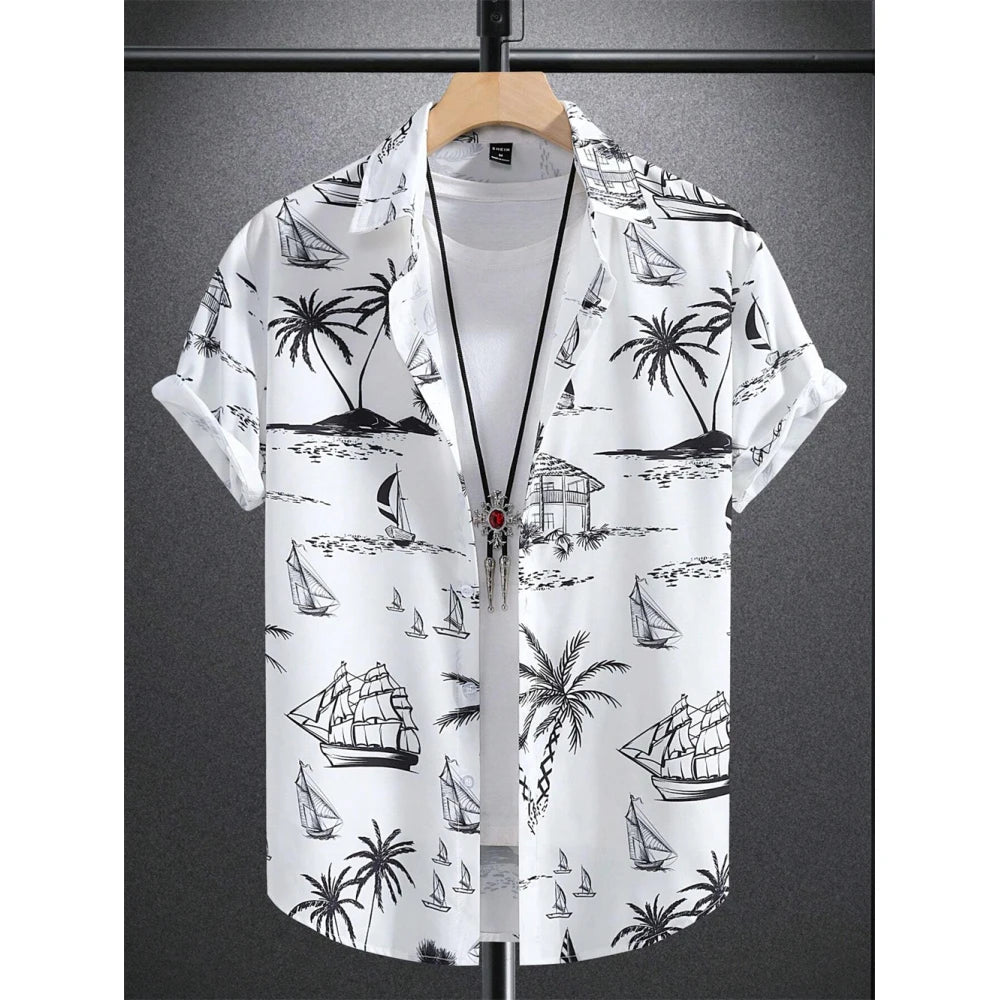 Men's Coconut Tree Graphic Print Short Sleeve Lapel Shirt Tops Men's Casual Button down Shirts Clothing Versatile Shirts