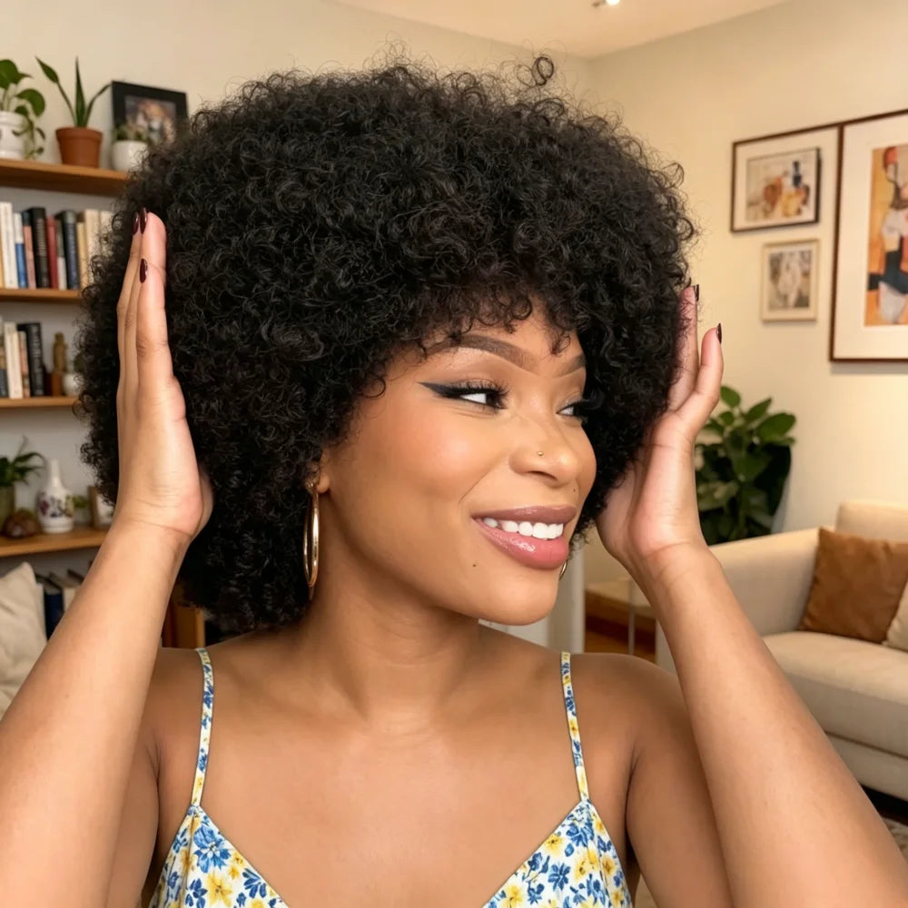 8 Inch Short Afro Kinky Curly Human Hair Wig for Women, full machine made Remy Human Hair Afro Wig with Bangs, Natural Black Cur