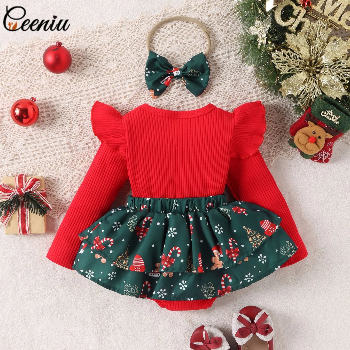 Ceeniu Baby Christmas Bodysuit Dress For Girls Green Santa Claus Letter Rompers Infants Onesies My First New Year Costume Baby