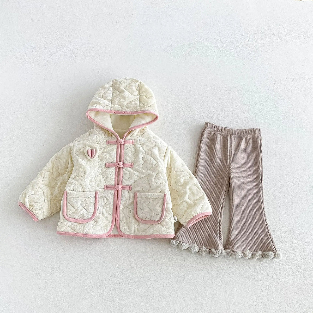 2026 New Winter Girls Heart Quilted Colorblock Coat | Fleece-Lined Hooded Padded Jacket | Cute Warm Outwear