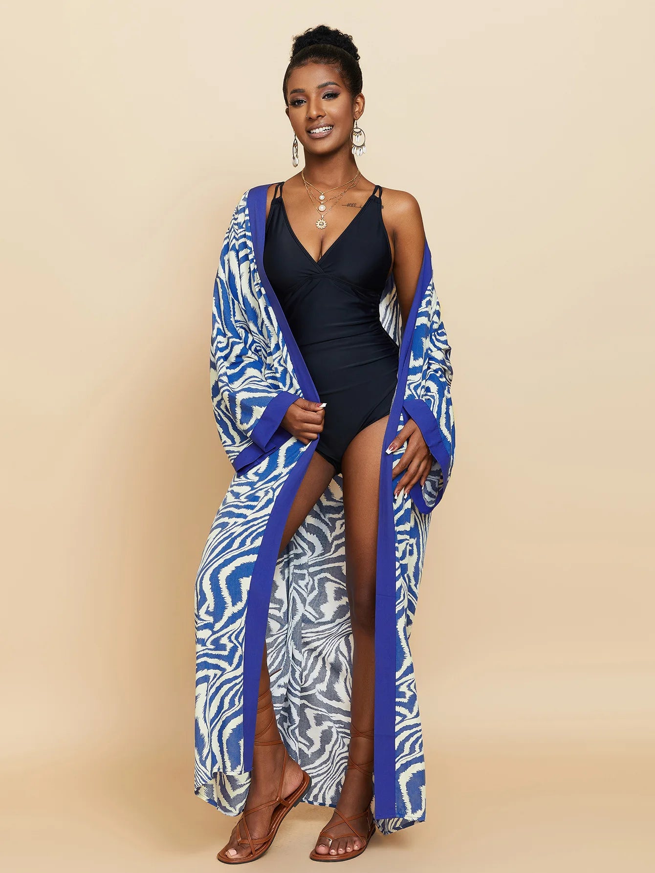 Zebra Beach Cover Ups for Women Long Sleeve Kimono Dress Self Belted Rayon Elegant Pareo 2023 Bathing Suits Holiday Beachwear