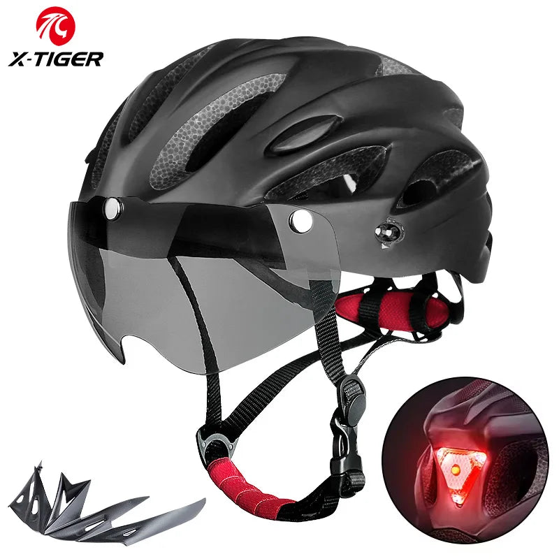 X-TIGER Adult Bike Helmet with LED Rear Light Dual Mode Goggle Cycling Helmet Fit 58-62cm Lightweight Breathable Bicycle Helmets