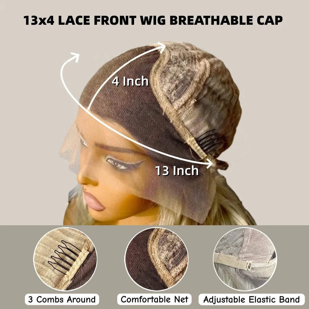 Luxury Women's Wig Synthetic Lace Front Wig Mixed 5%Human Hair Golden Blonde Highlights Natural Straight Wig Ash Roots Small Cap