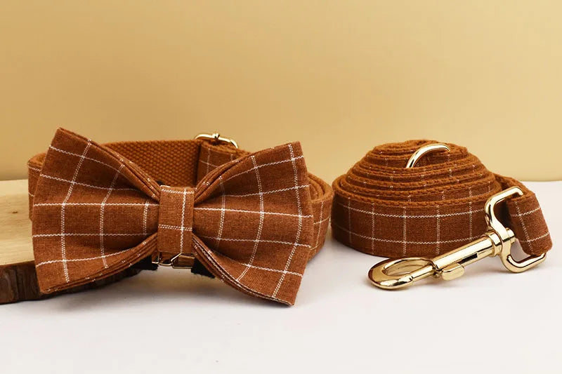 Plaid Dog Collar Designer With Bow Tie Custom Dog Accessories Luxury Pet collar leash set