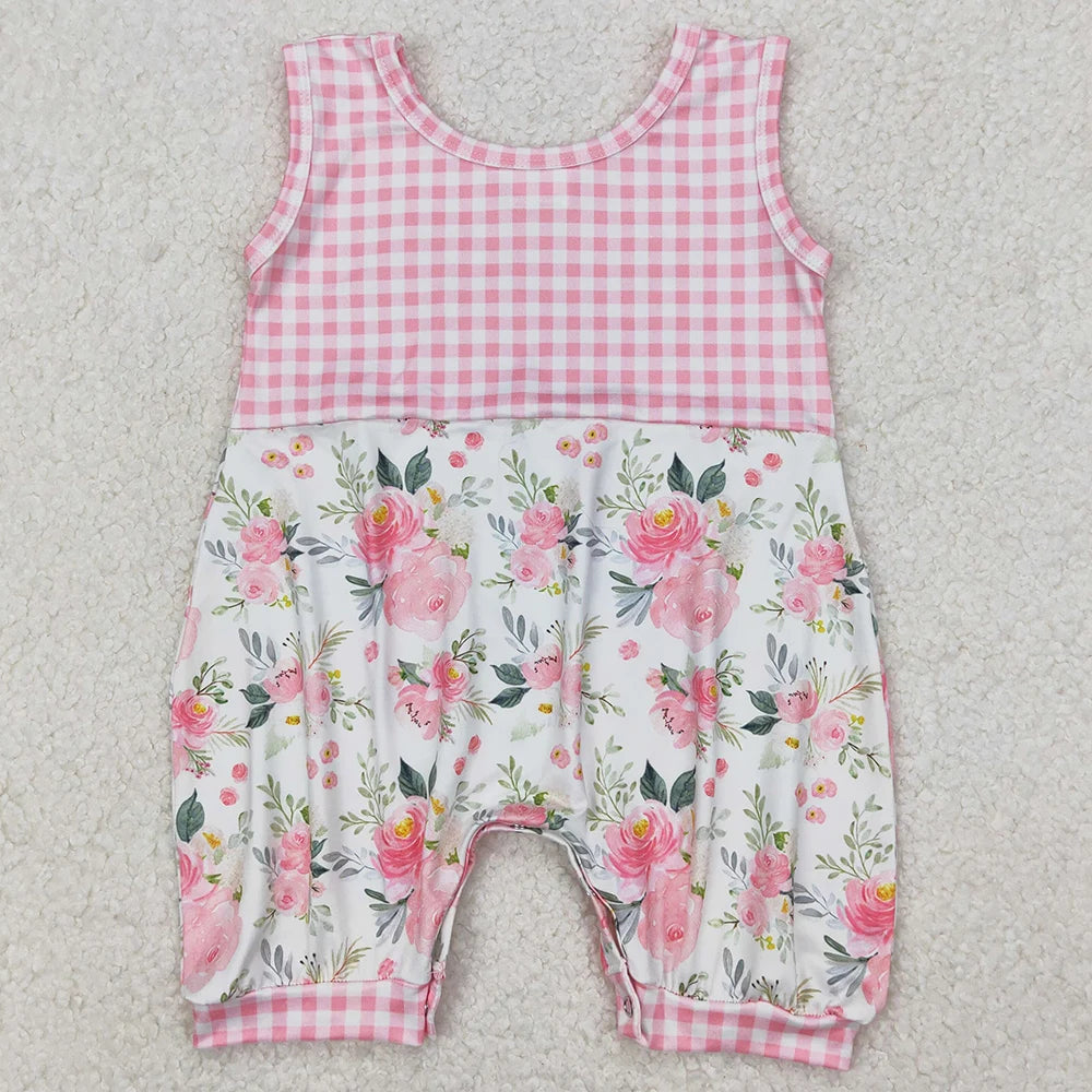 New Fashion Baby Girls Rompers Pink Checkered Flowers Short Sleeve Rompers Boutique Toddler Girls Bubbles Summer Baby Onesie Hot