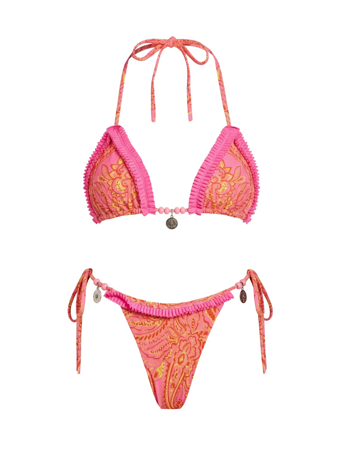 2026 Sexy Pink Paisley Bikini Set – Beaded Halter Top with Metal Pendant Perfect for Beach Wear Pool Parties Summer Getaways