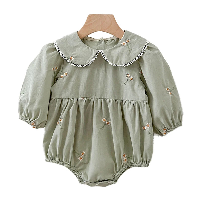 0-24M New Newborn Baby Girl Lapel Korean Style Bodysuit Autumn Long Sleeved Cotton Embroidery Climbing Suit Baby Girl Clothing